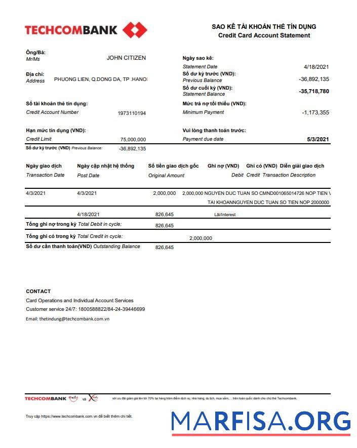 Blank Vietnam Techcombank bank statement excel example